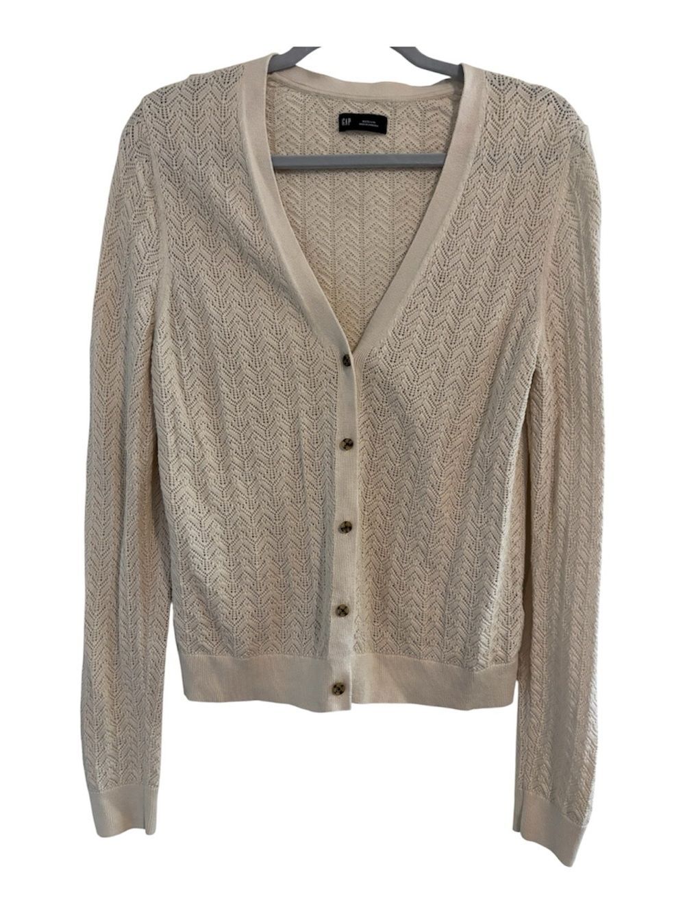 Medium GAP Women's Cream Openwork V-Neck Button Cardigan Grandmacore Cottagecore